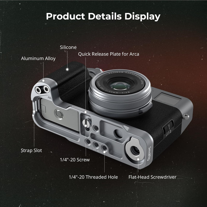 SmallRig X100VI / X100V Handgrip L-Shape Grip with Quick Release Plate for Arca, Lightweight Silicone Side Handle, Shutter Button and Hot Shoe Cover for FUJIFILM X100VI / X100V Cameras (Silver) - 4555 Silver