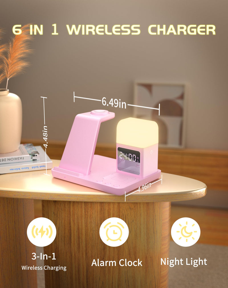 Wireless Charger for iPhone, 6in1 Fast Phone Charger Stand Dock Alarm Clock Night Light, Wireless Charging Station for Apple Watch, for Airpods 3/2/Pro, for iPhone 17/1615/14/13/12/11/Pro/Max (Pink) Pink