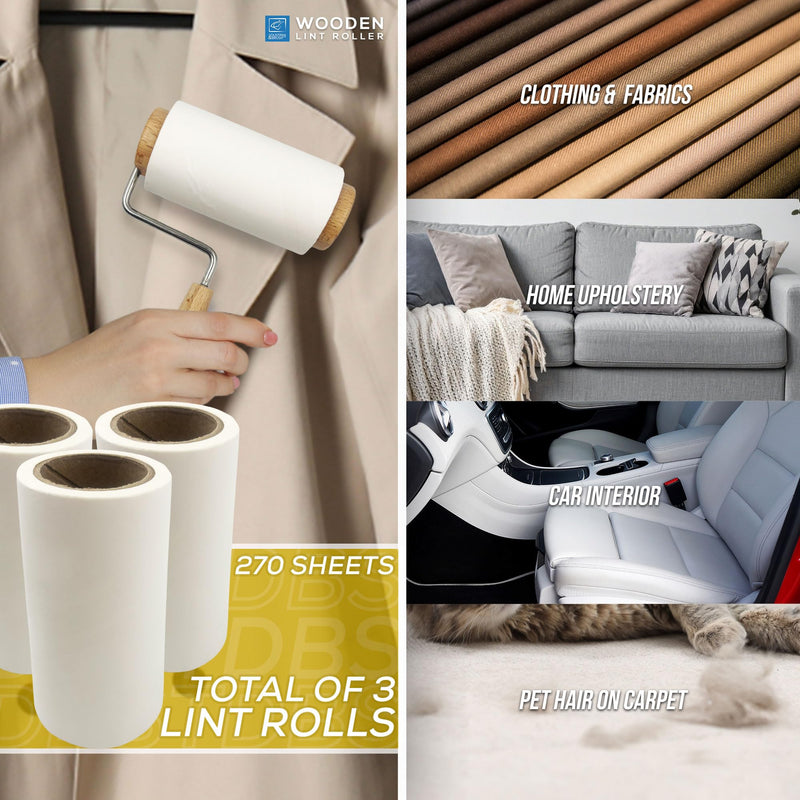 Wooden Lint Roller with 3 Reusable Hair Rollers Lint Remover for Cat and Dog Hair - Smooth Wooden Handle, More Sheets per Sticky Rolls, Perfect for Upholstery, Carpet, and Clothes
