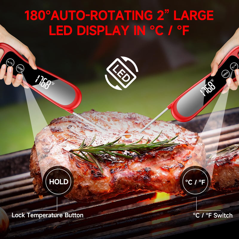 2025 Upgraded Meat Thermometer Digital-1 Second Instant Read Food Thermometer with Large LED Display-IP67 Waterproof Kitchen Thermometer for Grilling and Cooking for Oven, BBQ, Smoker, Candy, Turkey Red