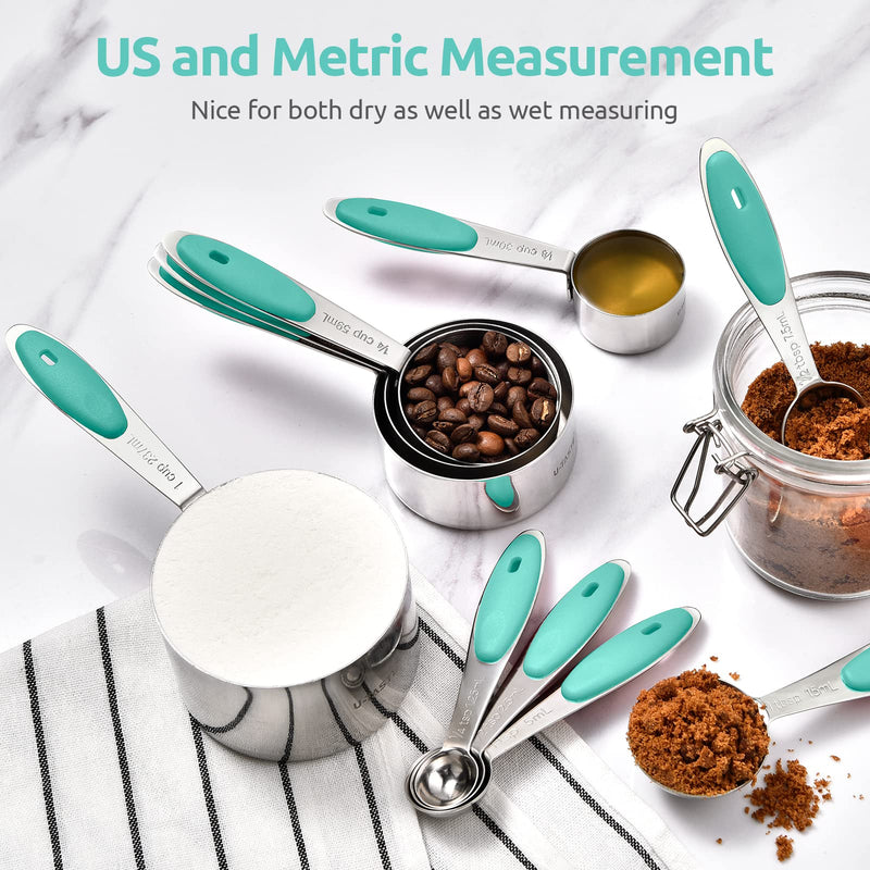 Measuring Cups and Spoons Set: U-Taste 18/8 Stainless Steel 12 Pieces Metal Stacking Kitchen Baking Cooking Food Measure Set 7 Cups 5 Spoons with Strengthened Weld Joints (Aqua Sky) Aqua Sky