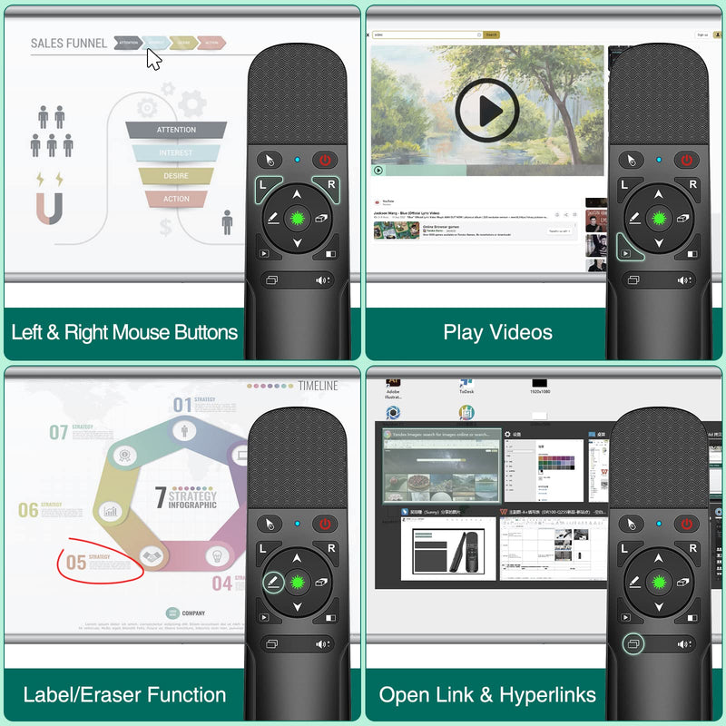 Presentation Clicker Green Laser Pointer with Air Mouse Function, Wireless Presenter Clicker RF 2.4GHz USB Presenter Control PowerPoint Presentation Clicker for Mac, Laptop, Computer Green Light / with Air Mouse