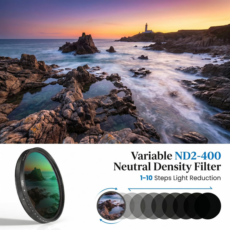 67mm ND2-400 Variable Neutral Density Filter for Smartphone & DSLR | HD Adjustable Camera Lens Attachment, Universal Clip & Adapter Ring, Samsung iPhone 17 16 15 14 and Other Smartphones/Camera