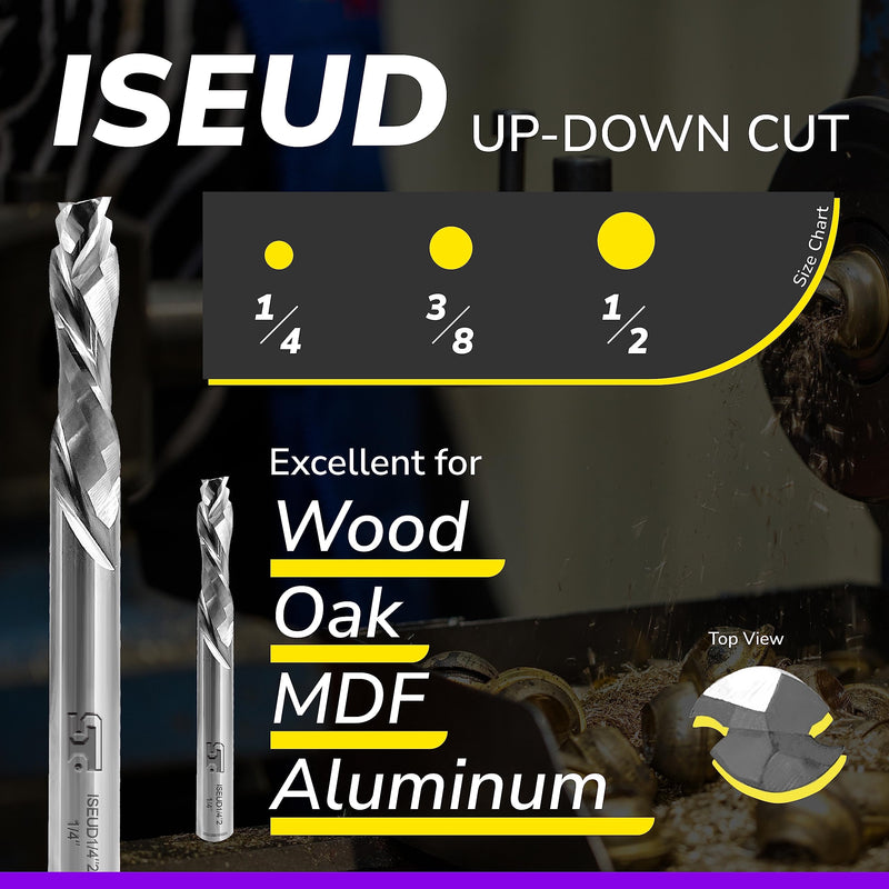 SPEED TIGER Carbide Spiral Router Bits - Up Down Compression Bit, ISEUD1/2” Diameter, 1-1/2” Cutting Length, 4" OVL (1 Piece, 1/2") - for Wood, Plywood, MDF, Oak, Aluminum – Mill Bits Sets 1/2 in