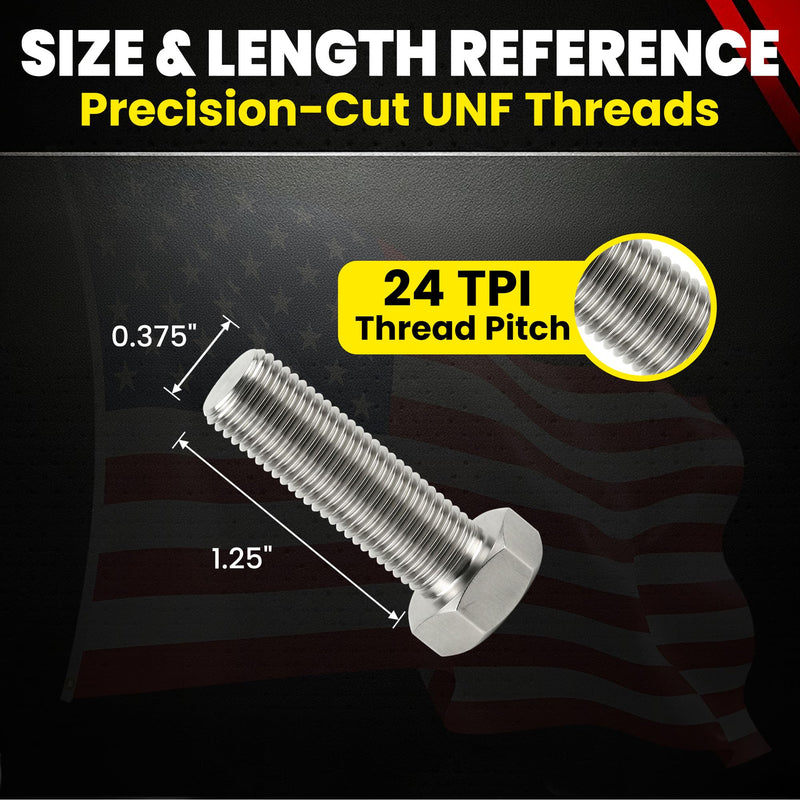 Stainless 3/8-24 x 1-1/4" Hex Head Bolts (3/4" to 5" Length in Listing), 304 Stainless Steel, SAE Fine Thread, 25 Pieces (3/8-24 x 1-1/4") 3/8-24 x 1-1/4"