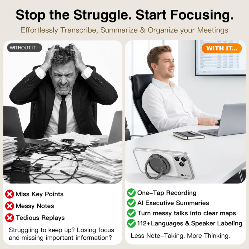 AI Voice Recorder with Transcribe & Summarize for Meetings, Study & Work | AI Note Taker for Productivity, 100+ Languages, 360° Magnetic Phone Stand, Edit Speakers, 1TB Cloud Multi-Device Sync Black