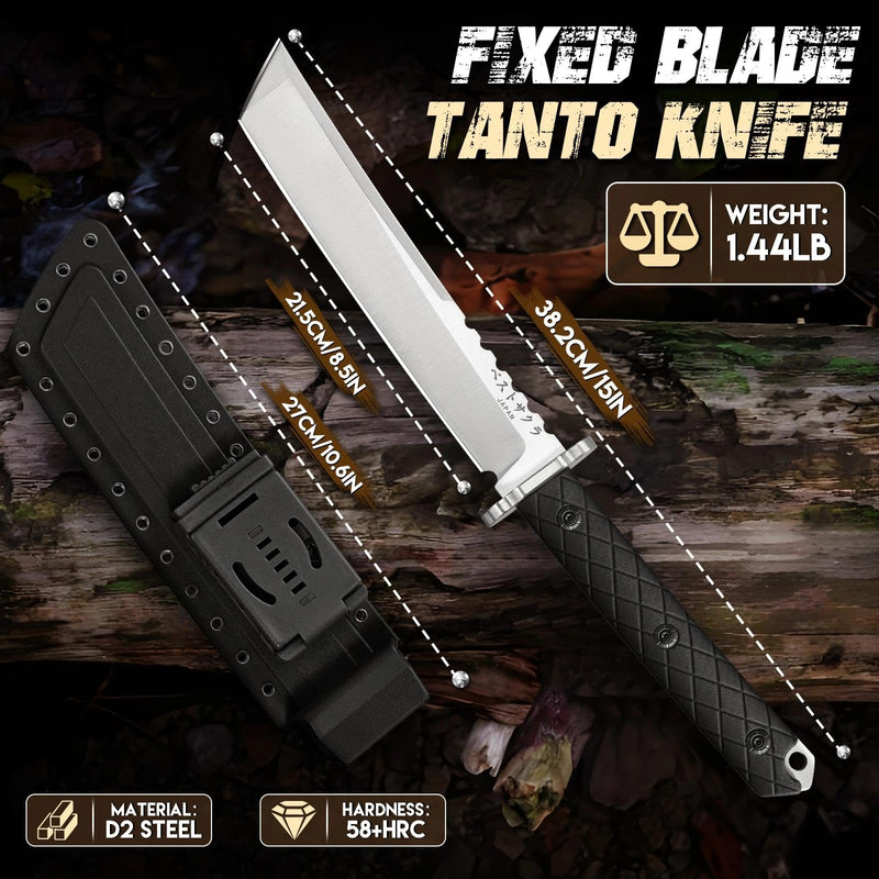 Purple Dragon Japanese Fixed Blade Knife with Sheath - D2 Steel Tanto Knife, Cool Survival Knives with Full Tang Handle, Camping Knives for Bushcraft Outdoor, Gifts for Men Black