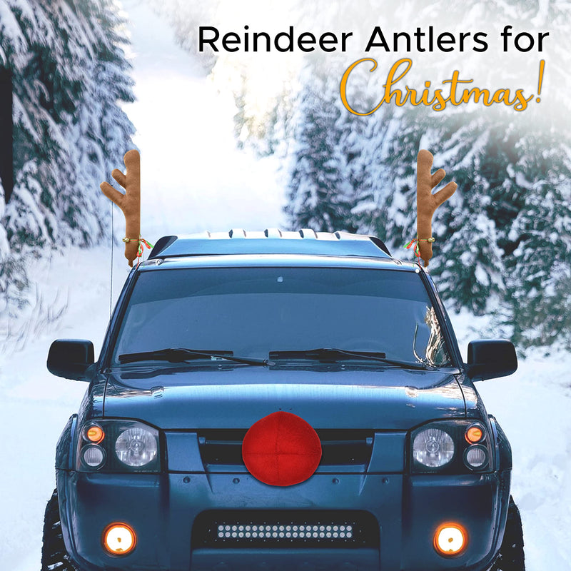 EcoNour Car Reindeer Antlers & Nose for Christmas | Car Decoration Kit with Reindeer Antler, Jingle Bells & Nose | Reindeer Horns Set Made of Sponge Stuffings | Rudolph Car Decoration for Christmas