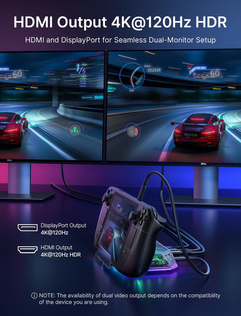 JSAUX RGB Docking Station for Steam Deck (OLED)/ROG Ally/Legion Go, 12-in-1 Handheld Dock with 4K@120Hz HDMI & DisplayPort Gigabit Ethernet USB C 3.2 USB A 3.2/2.0, SD/TF Slots 3.5mm Jack-HB1201S Crystal