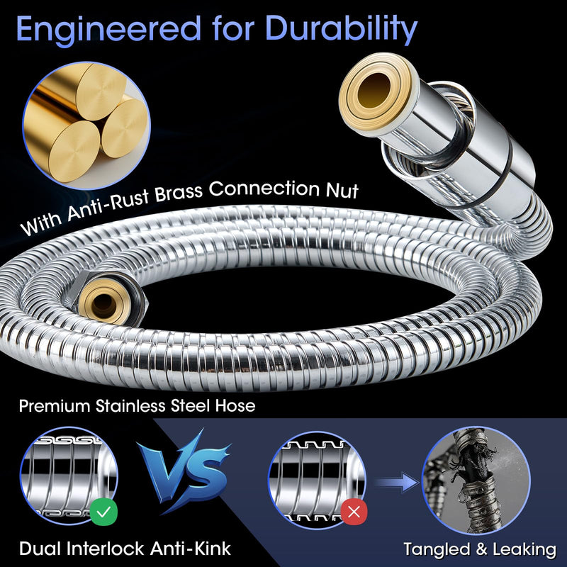 Shower Head with Handheld, High Pressure 10 Spray Built-in Pause & Power Wash, Anti-clog Nozzles, Detachable Hand Held Showerhead with Leakproof Stainless Steel Hose&Adjustable Overhead Bracket Chrome Modern Premium Chrome
