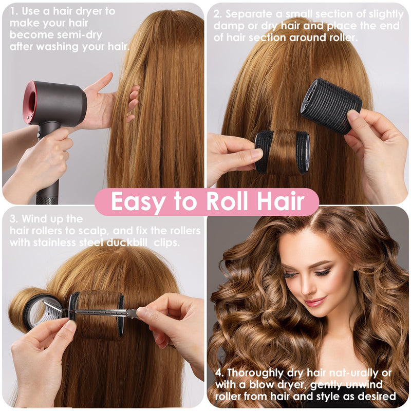 Hair Rollers Set, 49 PCS Curling Set Includes 24 Self-Grip Rollers, 12 Hair Pins, 12 Sectioning Clips & Comb, No Heat Hair Curlers for Volume, Waves & Styling at Home Black
