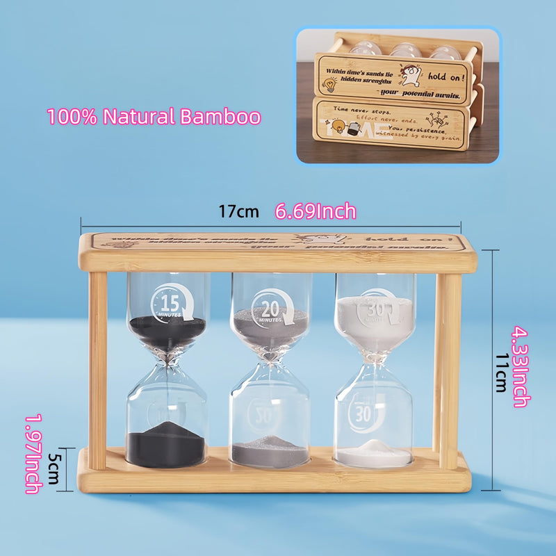 3-in-1 Perfect Bamboo Sand Timer, Includes 15, 20 and 30 Minute Sand Hourglass Timers,Sand Glass Timer Decor for Games Classroom Home Office or Keeping Time Around The Kitchen(BGW+152030) Black+gray+white 15+20+30Min