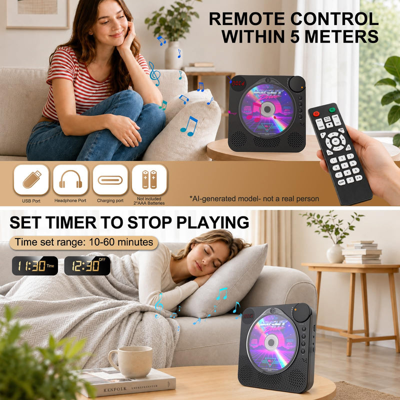 Portable CD Player with Bluetooth 5.4 for Daily Home Use & Gift,Exercise | Desktop CD Players with HiFi Speakers, LED Display, Remote Control, Charging Cable, Timer, FM Radio, USB, AUX, Headphone Jack Black