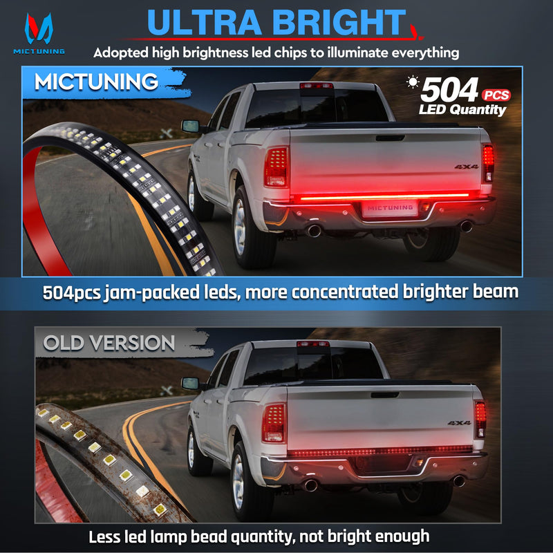 MICTUNING 60 inches Red Sequential Turn Signal Brake Running White Reverse Lights, Triple Row 504 LEDs Tailgate Strip Light Waterproof for Ford F150/RAM 2500 60"Red Turn Signal