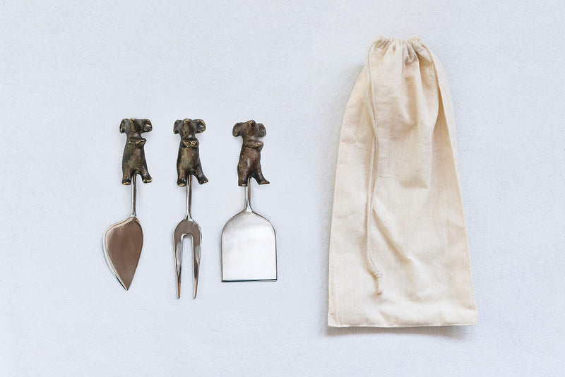 Creative Co-Op Cast Aluminum Cheese Servers with Mice Shaped Handles in Drawstring Bag (Set of 3 Styles)