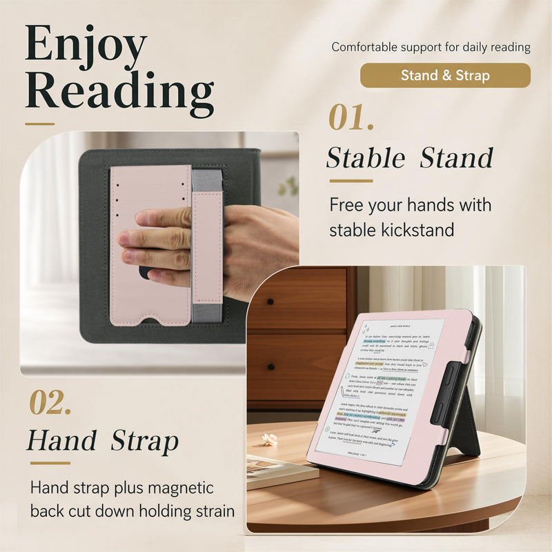Case for 7" Kobo Libra Colour 2 with Stand and Hand Strap (Pink) | Back‑Attach Magnetic Cover, Auto Wake/Sleep, Front Pocket, Card Slots, PU Leather, for Table Reading, Relive Wrist Strain Pink