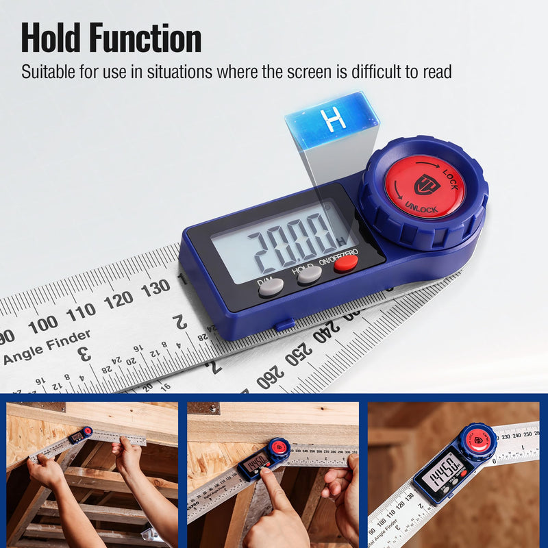 WORKPRO Digital Angle Finder, 7-Inch / 200 mm Stainless Steel Angle Finder Tool with Lock & Hold Function, Precision Measuring Tool with Bag for Woodworking, Carpentry, Construction Projects