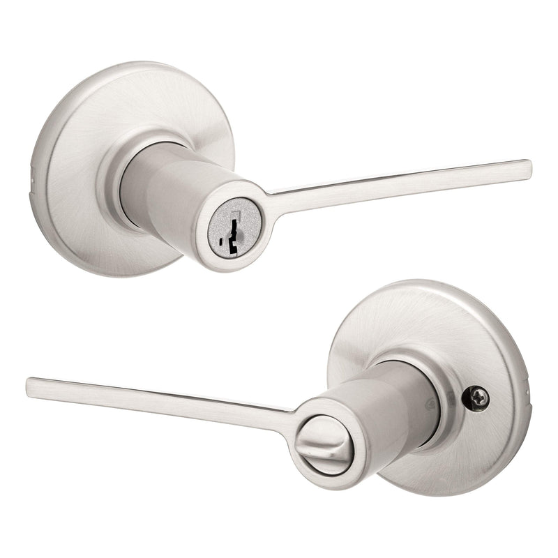 Kwikset Ladera Entry Door Handle with Lock and Key, Secure Keyed Reversible Lever Exterior, For Front Entrance and Bedrooms, Satin Nickel, Pick Resistant Smartkey Rekey Security and Microban