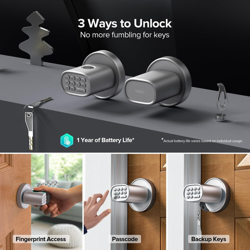 ThorBolt MD1 Fingerprint Door Knob Lock with Keypad, Silver | 4x AA Alkaline Batteries, Biometric, Electric, Auto-Lock, for Bedroom, Garage, Office, Pantry Door, Interior Door Lock Silver1
