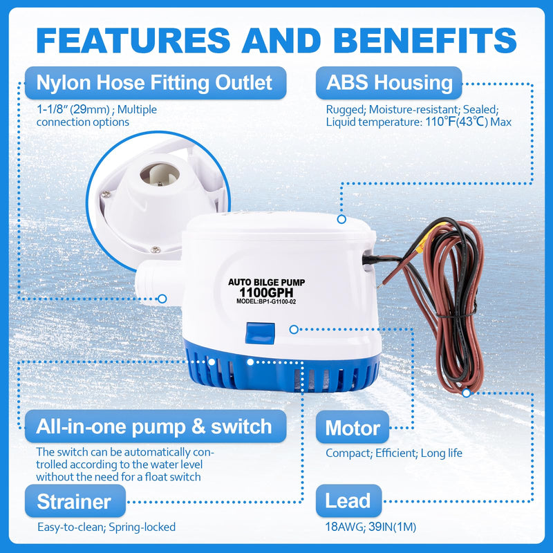 Luney Automatic Bilge Pumps for Boats 12v 1100GPH, Submersible Small Boat Bilge Pump with Float Switch, 1-1/8”(1.14IN or 29MM) Outlet Dia., 39IN 18AWG Wire(Blue)