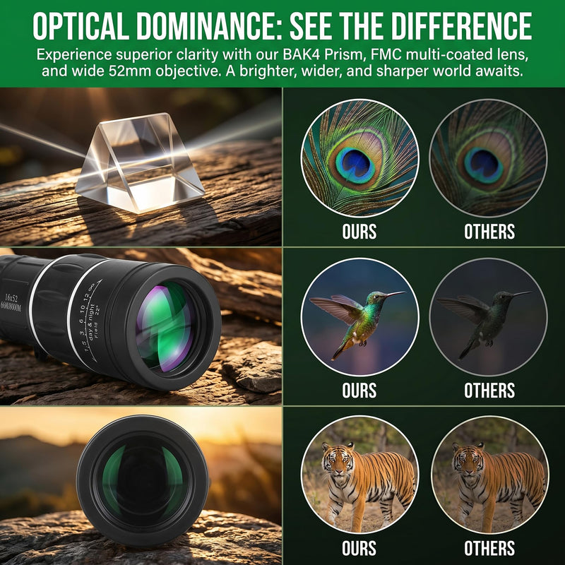 16x52 Monocular Telescope for All Ages – High Powered Compact | Waterproof BAK4 prism, for bird watching, hiking, hunting & wildlife, great gift for men dad husband, outdoor essential