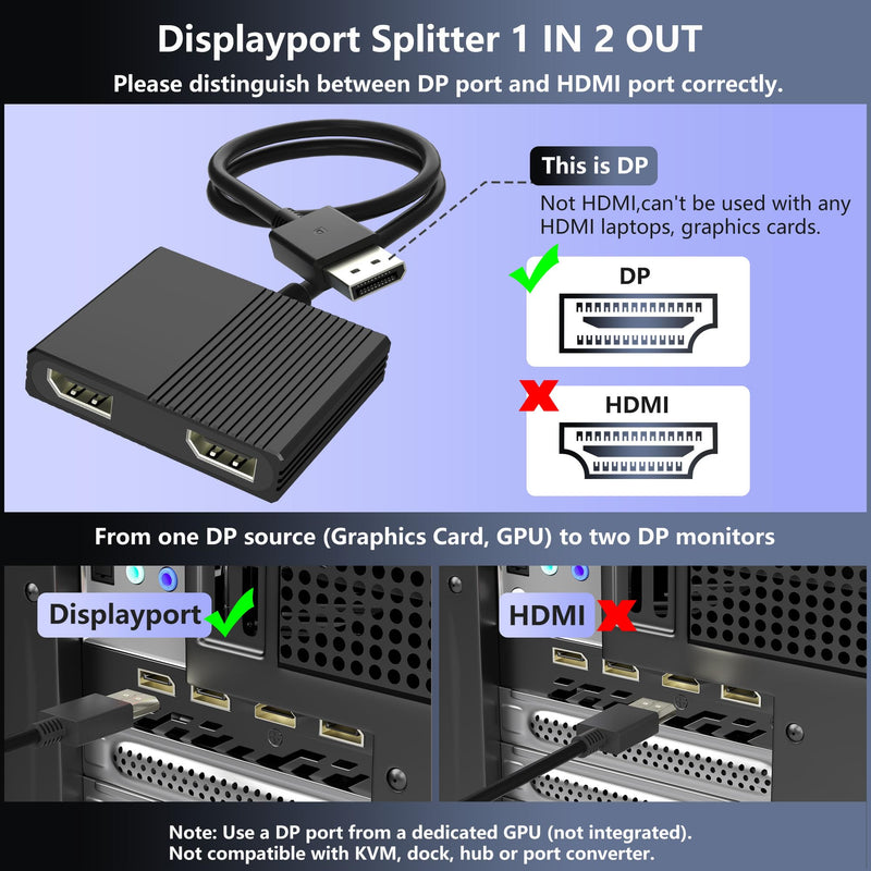 Displayport MST Hub, 4K@120Hz Display Port Splitter for Dual Monitors, DP to Dual DP Adapter 1 in 2 Out, DisplayPort Splitter Extended Display, Monitor Splitter for Laptop, Desktop, Graphics Card