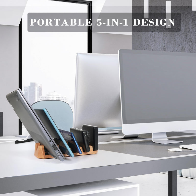 Oak Multi-Device Organizer with Cord Organizer and Anti-Scratch Pads Accessories Set – Vertical Stand for Laptops, Tablets, Phones, and External Hard Drives – Desk Station Dock for Home Office