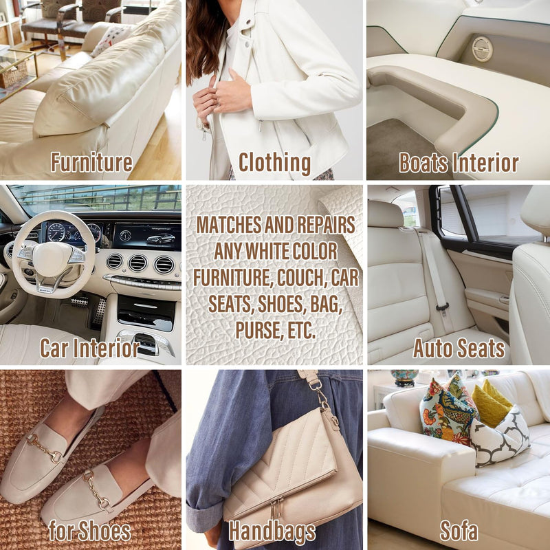 Cream Leather Repair Kit for Furniture, Car Seats, Sofa, Jacket and Purse, PU Leather Leather Repair Paint Gel for Repairing Tears & Burn Holes, with Color Matching Guide & Super Easy Instructions White