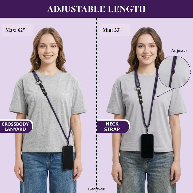 Adjustable Crossbody Phone Lanyard with Hanging Loops | 7mm Braided Rope, Sliding Buckle, Hands-Free Carry, Fits Most Phone Cases, Includes Tether Tab Deep Purple