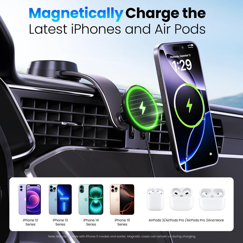 Upgrade [Qi2-Certified] 15W for MagSafe Wireless Car Charger Mount, 2XFast Charging[90+LBS Safe Suction] Magnetic Phone Holder Dashboard Windshield for iPhone 17/16/15/14/13/12 Pro Max (Iron) Iron