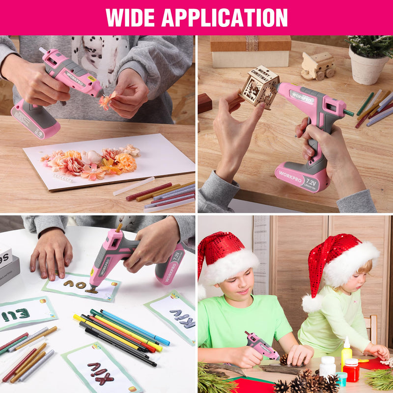 WORKPRO Cordless Hot Glue Gun, 30s Fast Preheating, 7.2V Dual-Temp Glue Gun Kit with 50pcs Glue Gun Sticks, Storage Bag, USB-C Charging Cord, 2600mAh Battery for DIY and Crafting Pink