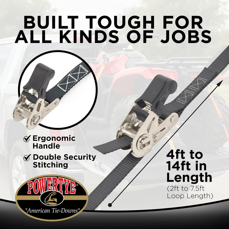 PowerTye - Endless Ratchet Strap - Easy Grip (Hookless), Black Tie Down Strap w/ 400 lb. Working Load Limit / 1,200 lb. Break Strength, Ideal for Motorcycle, ATV, Bike, & Coolers, 1in x 4ft, 2-Pack 1in x 4ft Easy Grip