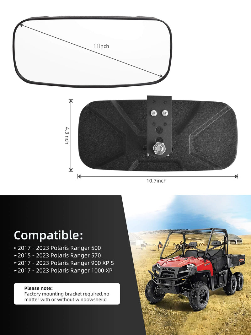 Polaris Ranger Rear View Mirror, HD Center Rear View Mirror for Polaris Ranger 500 570 900 XP 1000XP Crew 2017-2023 on the Factory Drop Down Mounting Tab (with 2pcs of Belt Bypass)