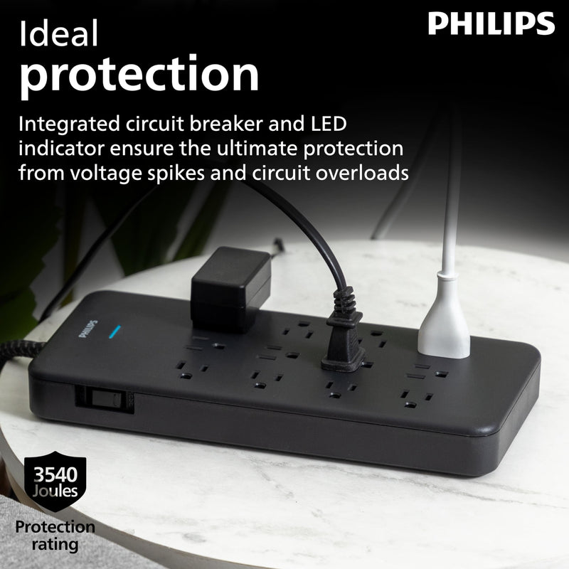 Philips 12-Outlet Surge Protector, 6ft Braided Extension Cord, 3500J, Adapter-Spaced, Outlet Extender Power Strip, Black - SPP3813B/37