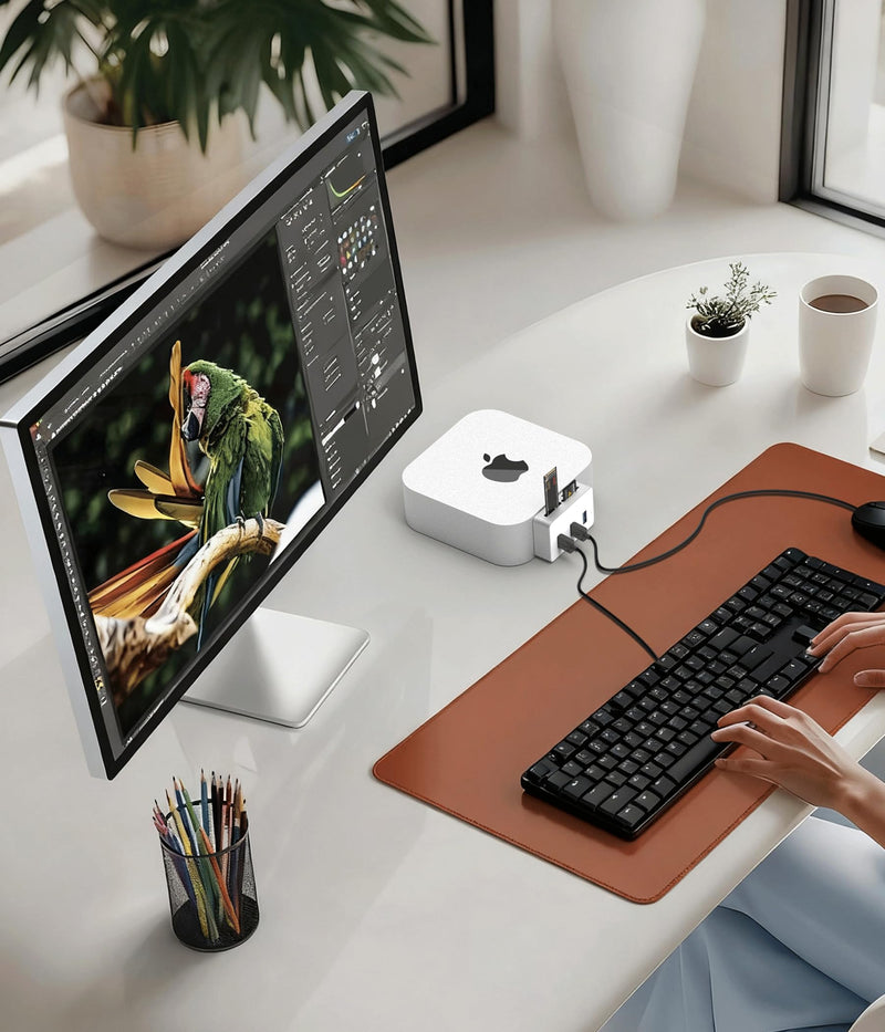 Mac mini M4 Dock with NVMe SSD Enclosure - Aluminum 6-in-1 Hub for Mac mini M4/M4 Pro 2024 with M.2 NVMe SSD Slot, 3X USB 3.0 Ports, SD & MicroSD Card Readers, 10Gbps Data Transfer in Silver