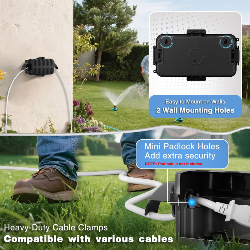 FLEMOON [2 Pack] IP55 Outdoor Electrical Box Waterproof with Detachable Awning Covers, 8.3 x 4.1 x 3.7 inch Weatherproof Extension Cord Cover, Easy Installation for Outdoor Plug, String Lights, Black 2 Pack