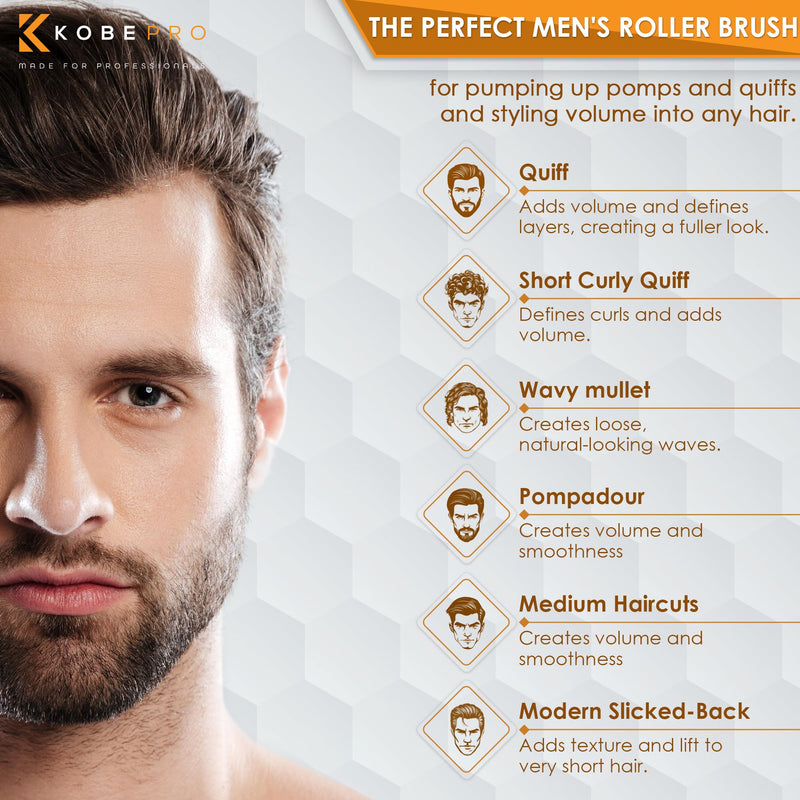 Kobe Professional Large Round Hair Brush and Quiff Roller for Men | 20mm 12-Row Dense Bristles | Comfort Ball-Tipped Pins, Non-Slip Grip, Anti-Static Volumising Styling Tool Barber Supplies L Red