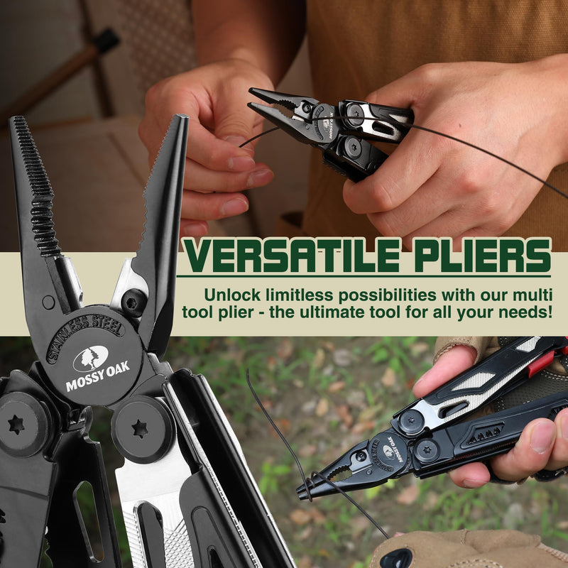 MOSSY OAK Multitool, 19-in-1 Stainless Steel Multi Tool Pliers, Survival Tools with Fire Starter, Window Breaker, Whistler, Self-locking EDC Gear with Sheath for Outdoor, Survival, Camping, Hiking 19-in-1 with Fire Starter & Whistle