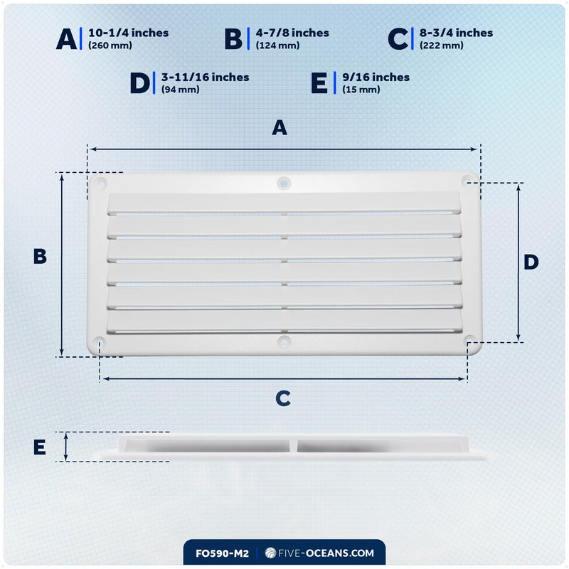 Five Oceans FO590-M2 Rectangular Boat Marine Louvered Ventilators, White Durable Injection-Molded ABS Plastic, 10-1/4 inches (260 mm), UV and corrosion resistant, 6 slots (Pair)