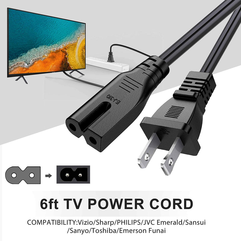 BICMICE 6Ft Extra Long 2 Prong Polarized Power Cord for Vizio-LED-TV Smart-HDTV E-M-Series Sound Bar 2 Slot Adapter-AC-Wall-Cable:IEC-60320 IEC320 C7 to NEMA 1-15P for Sharp Philips LED TV PS1 PS2