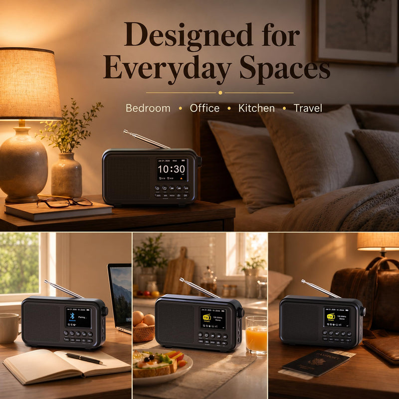 PPLEE Portable FM Radio with Bluetooth, NOAA Weather Alert, Dual Alarms | 2.4" Color Display, USB-C Rechargeable Battery, microSD Music, EQ Sound, FM/WB Radio for Bedroom Office Travel Black
