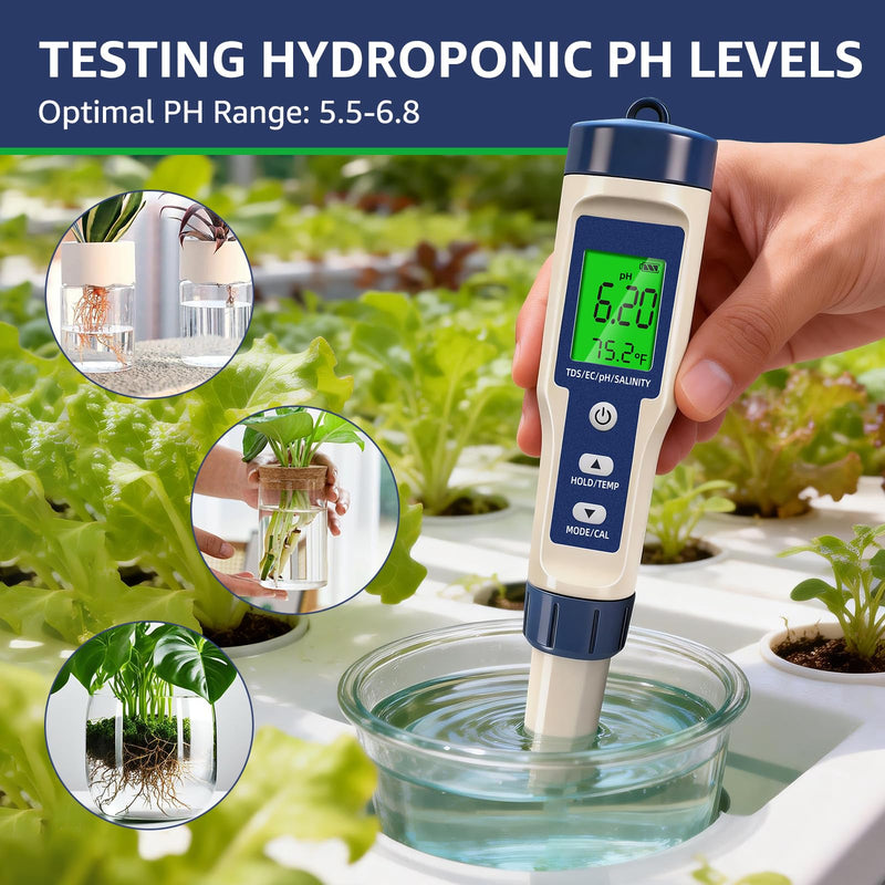 Pool Salt Tester & PH Meter - 5-in-1 Digital TDS Meter for Salinity PH Temp and EC, 0.01 High Accuracy, Swimming Pool, Hydroponics, Aquarium, Hot Tub, PPM Meter for Pool, Drinking Water, Wine