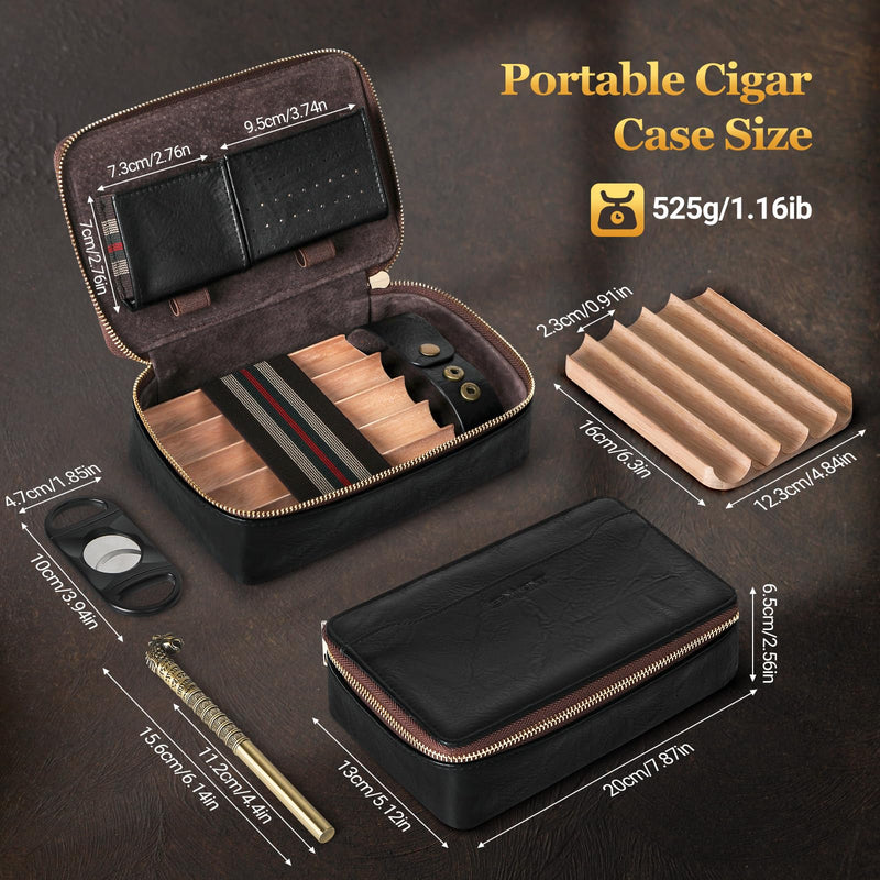 Cigar Humidor, Leather Travel Cigar Case, Portable Cigar Box with Cigar Draw Enhancer and Multifunction Cigar Cutter, Cigar Accessories Gift Set (Black) Black