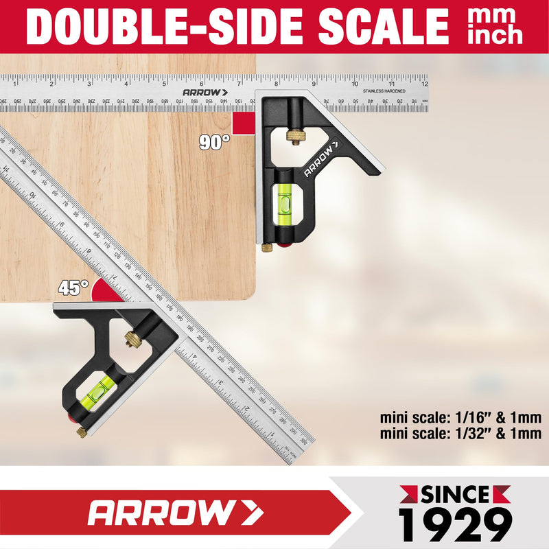 Arrow 7-Inch Aluminum Alloy Carpenter Square and 12-Inch Zinc Alloy Combination Square Set, Woodworking Rafter Layout Ruler Tool Combo