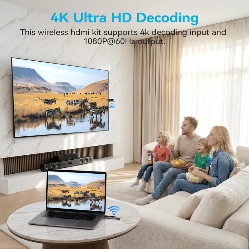 2026 New Wireless HDMI Transmitter and Receiver, 360FT/110M Extender 4K Decode 1080P@60Hz Output with LED Display, Plug&Play 5.8+2.4G Streaming Video/Audio from PC/Laptop/TV Box to Monitor