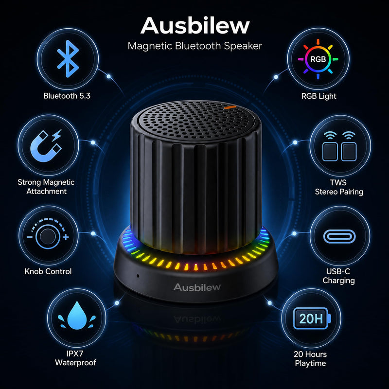 Magnetic Shower Speaker with Smart Rotary Knob Control, Bluetooth 5.3 Waterproof Speaker with Suction Cup & Magnetic Mount, IPX7 Portable Speaker, RGB Lights, Deep Bass for Bathroom, Pool, Kitchen black out