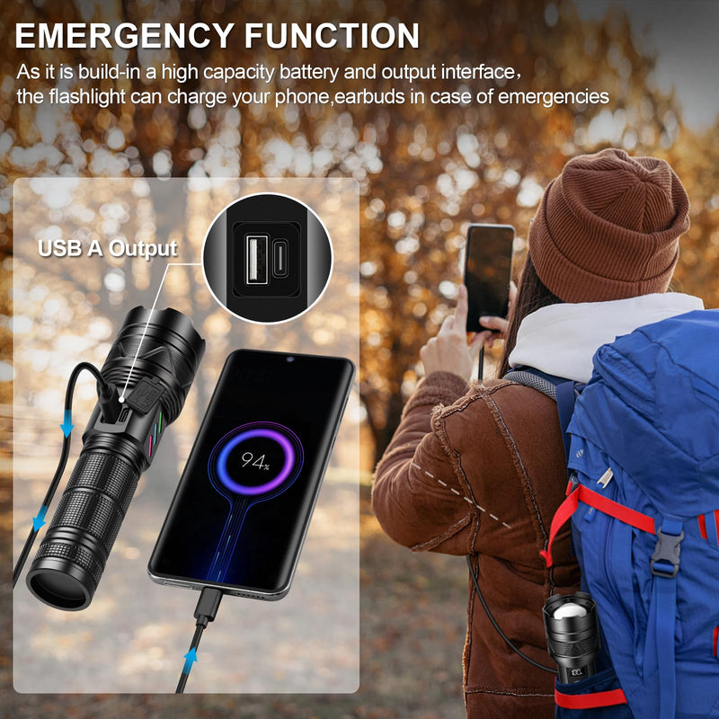 Rechargeable Flashlights 100000 High Lumens, Long Range 5000ft, Super Bright LED Flashlight USB C, High Powerd Multi-functional Heavy Duty Strong Flash Light High Beam, For Emergency Home Camping 30.0 Watt Hours