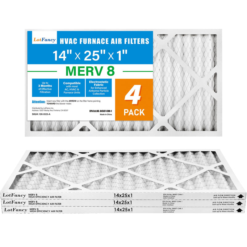 LotFancy 14x25x1 Air Filter MERV 8 4-Pack, Actual Size: 13.75"x24.75"x0.75", Electrostatic Pleated Furnace & AC Filter, Captures Dust, Pet Hair, Pollen MERV 8 4pcs