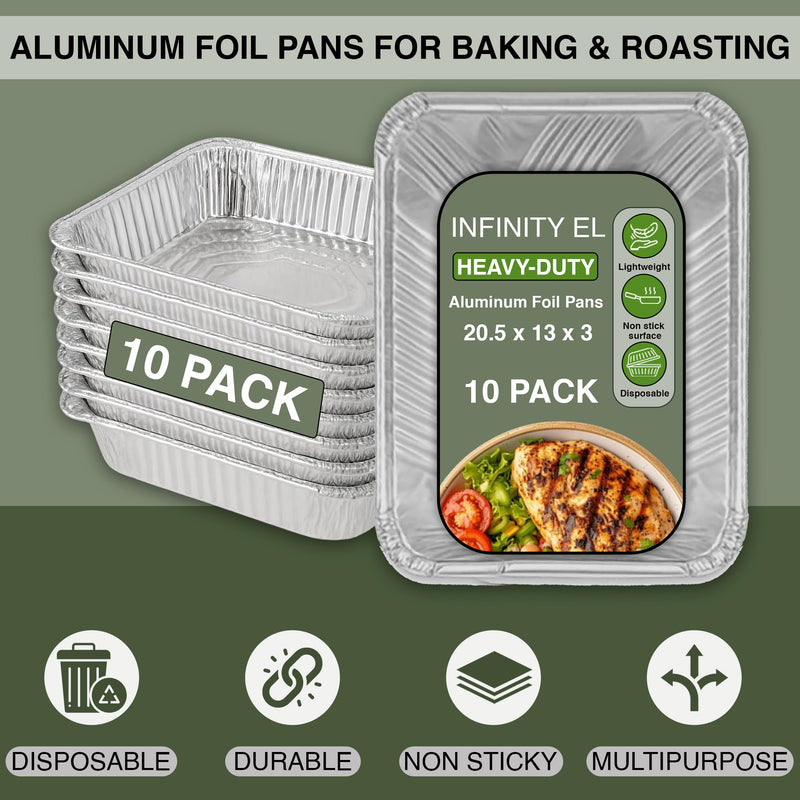 INFINITY EL 10 Pack FULL SIZE DEEP Disposable Aluminum Foil Pans 20.5" x 13" x 3", Aluminum Baking Pans | Heavy Duty Foil Pan for Roasting Turkey, Lasagna, Thanksgiving, Christmas (Full Size-Deep/10 Pack)