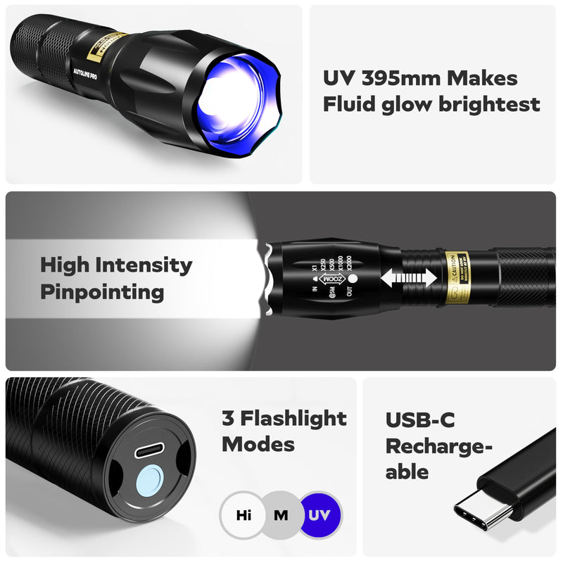  [AUSTRALIA] - AutoLine Pro UV KIT for Smoke Machine Leak Detection with Brightest & High Smoke Density UV Fluid, UV Premium Adjustable Goggle, and 395nm WAVELENGTH Ultraviolet UV Flashlight for EVAP Vacuum leaks